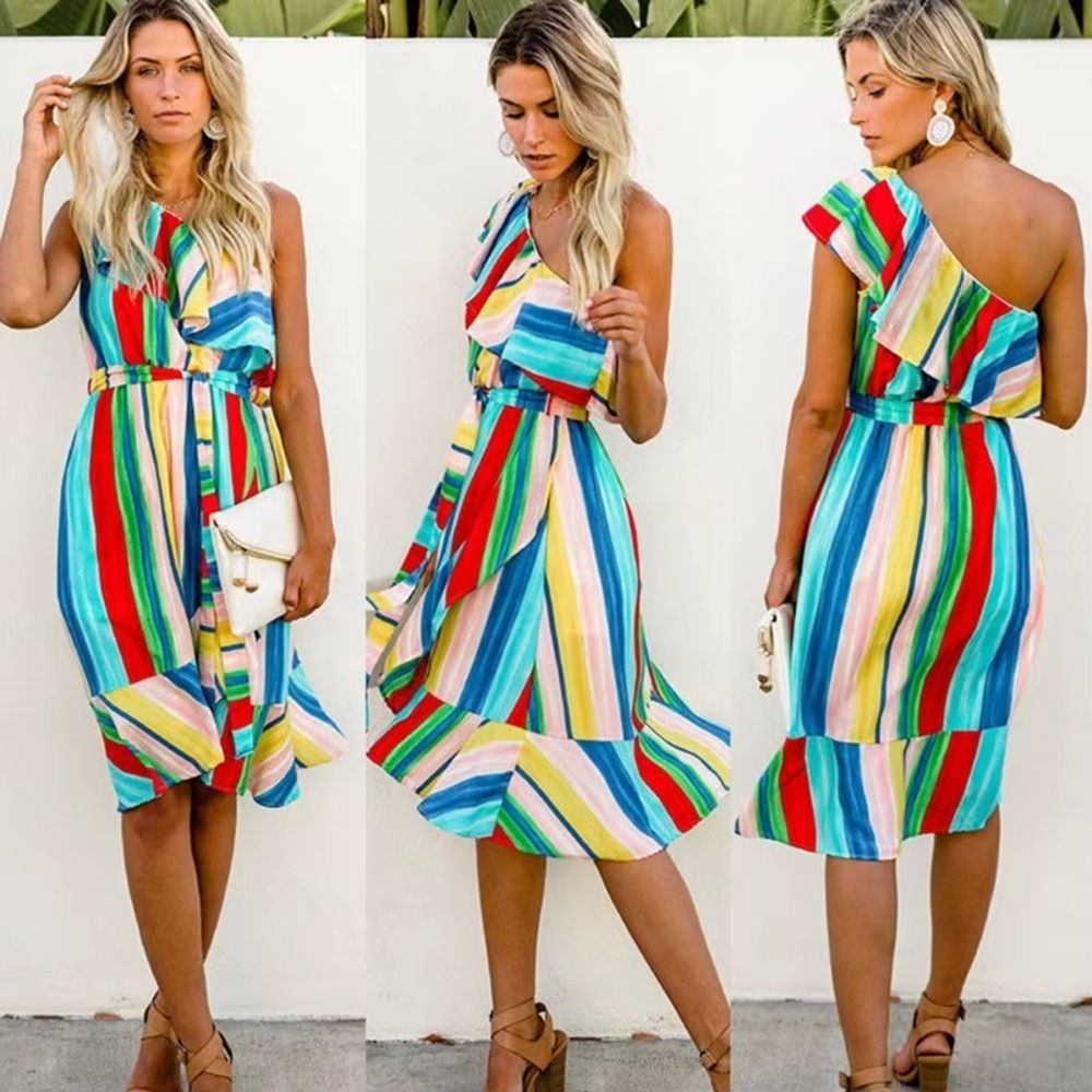 Rainbow Ruffle One Shoulder Stripe Midi Dress Cali Girl Dopamine Dressing M